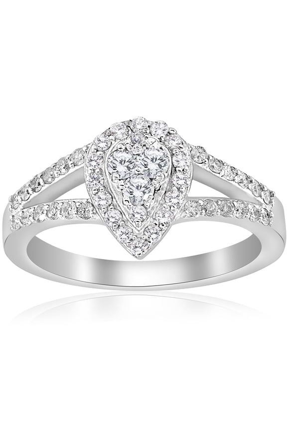 1/2Ct Pear Shape Diamond Halo Cluster Engagement Ring 10K White Gold (H/I,I1-I2)