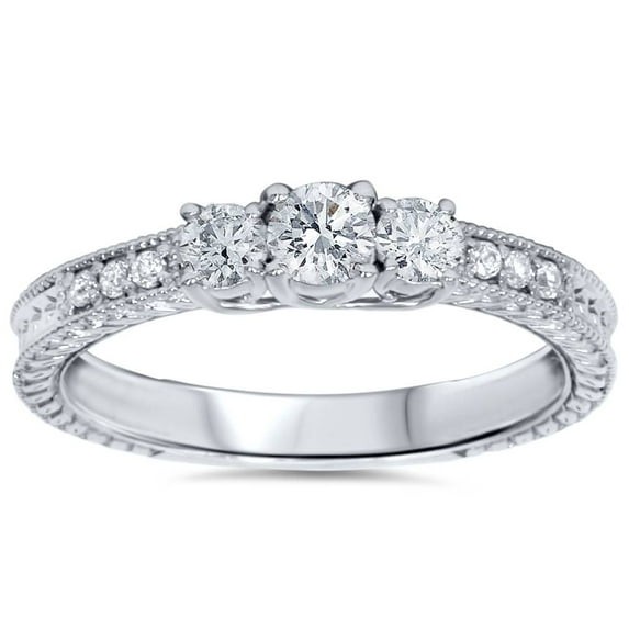 Pompeii 1/2ct Vintage Three Stone Round Diamond Engagement Ring 14K White Gold (H,I1)