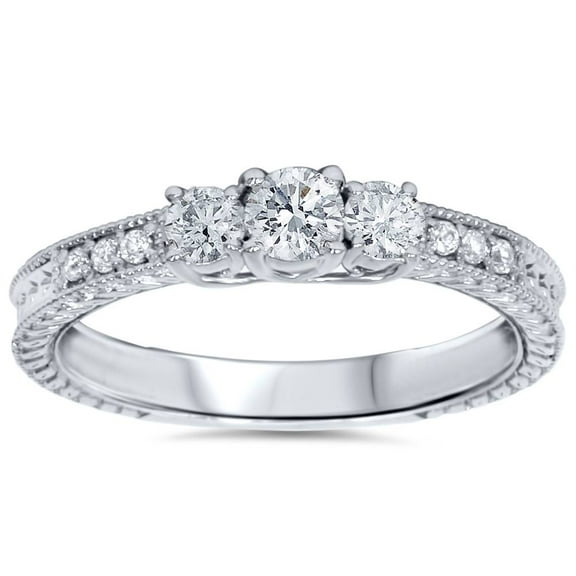 Pompeii 1/2ct Vintage Three Stone Round Diamond Engagement Ring 14K White Gold (H,SI2)