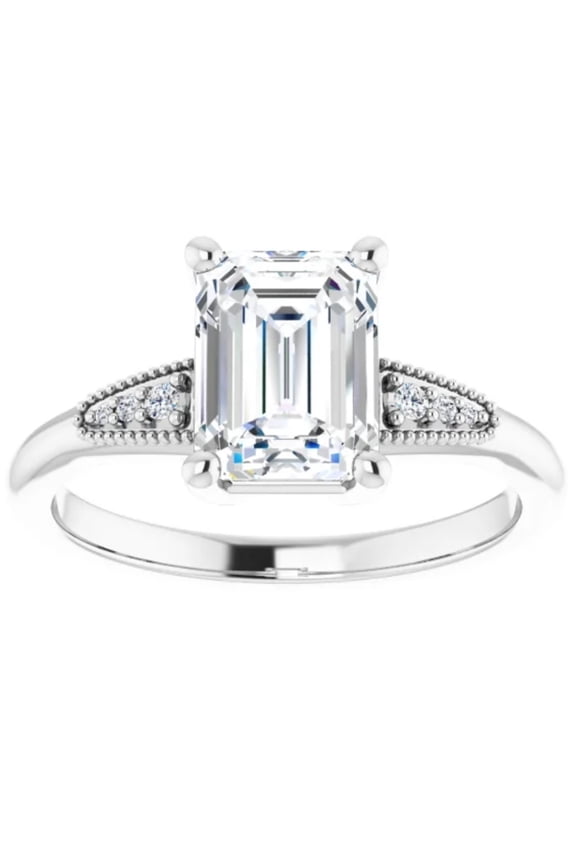 Pompeii 1 3/4Ct Diamond & Emerald Cut Moissanite Vintage Engagement Ring White Gold