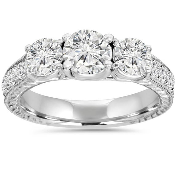Pompeii 1 3/4ct Diamond Vintage 3-Stone Engagement Ring 14K White Gold Antique (G/H,I2)