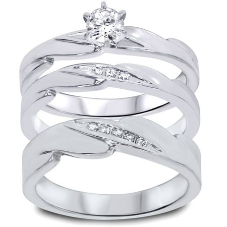 Pompeii 1/3ct Diamond Engagement Wedding Ring Trio Set 10K White Gold (I/J,I2-I3)