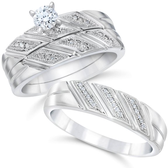 Pompeii 1/3ct His & Hers Diamond Trio Engagement Wedding Ring Set 10K White Gold