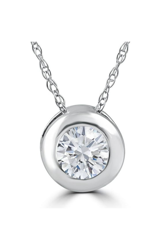 Pompeii 1/3ct Round Bezel Solitaire Diamond Pendant Necklace 14K White Gold (H/I,I2/I3)
