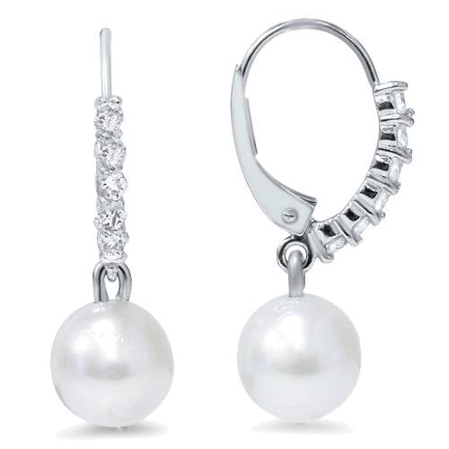 Pompeii 1/4ct Diamond Dangle Lever back Hoops & Pearl Earrings 14K White Gold (H-I,I2-I3)