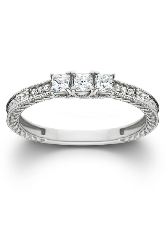 Pompeii 1/4ct Vintage Three Stone Princess Cut Diamond Engagement Ring 14K White Gold