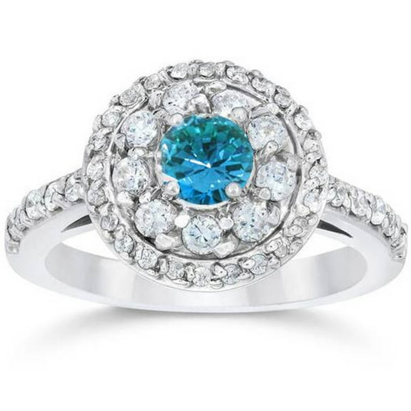 Pompeii 1 5/8ct Blue Diamond Double Halo Vintage Engagement Ring 14K White Gold