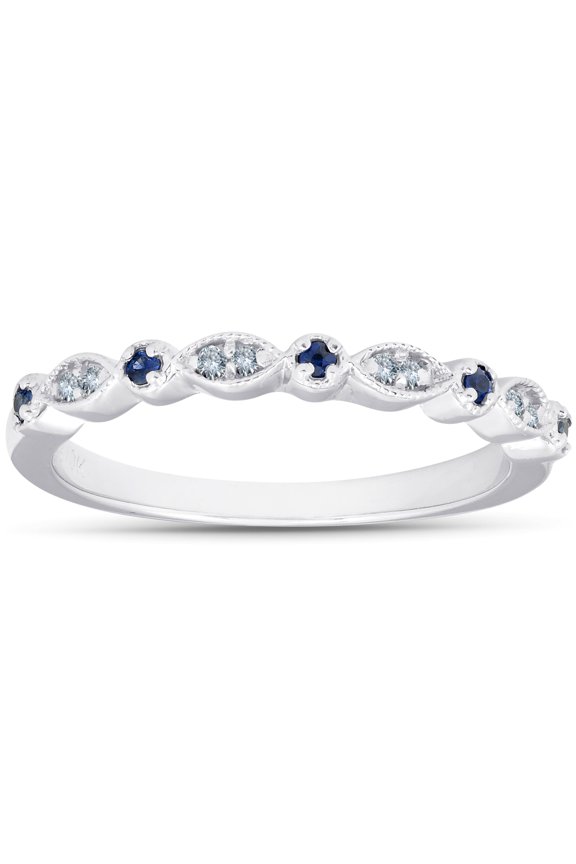 Pompeii 1/5 ct Blue Sapphire & Diamond Wedding Ring Stackable Band 10k White Gold
