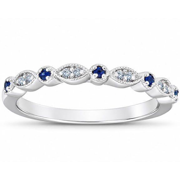 Pompeii 1/5 ct Blue Sapphire & Diamond Wedding Ring Stackable Band 10k White Gold