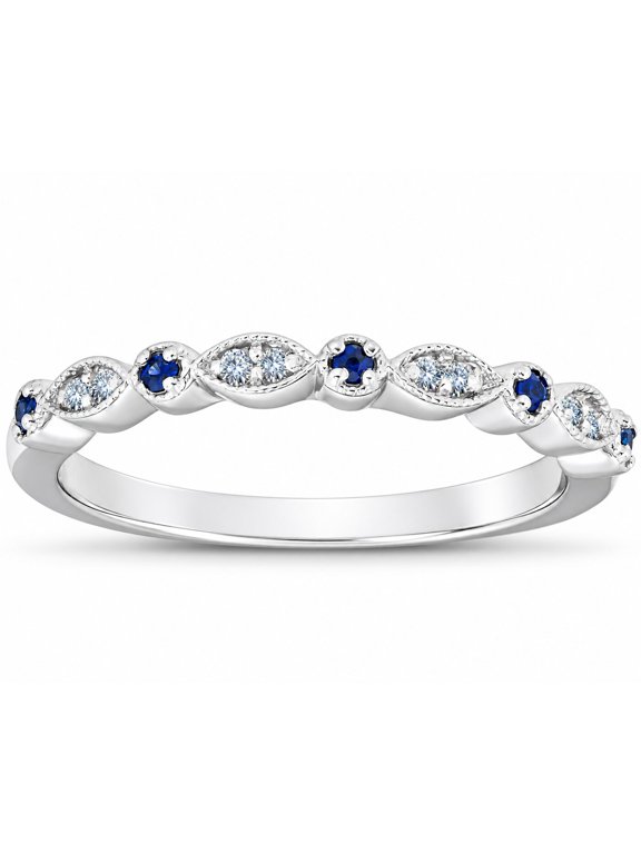 Pompeii 1/5 ct Blue Sapphire & Diamond Wedding Ring Stackable Band 10k White Gold