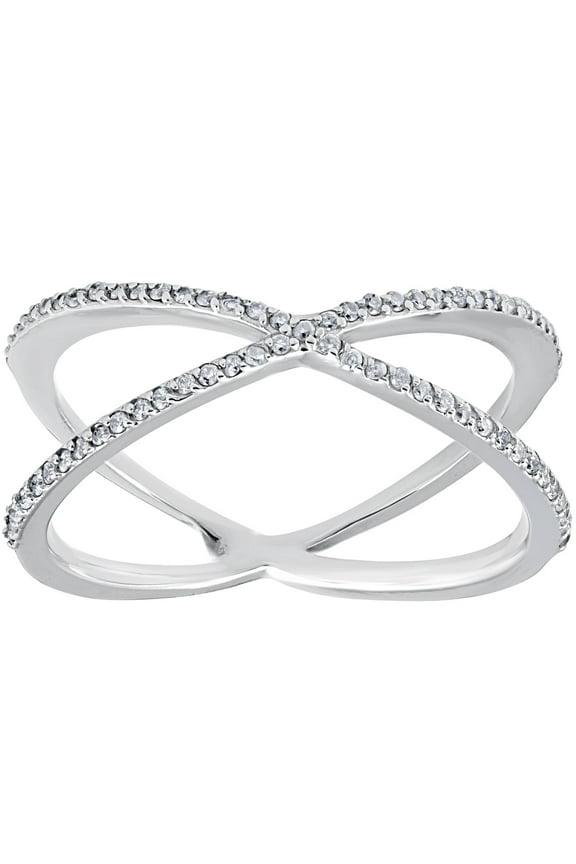 Pompeii 1/5CT 10K White Gold Round Diamond Crossover Cocktail Fashion Statement X Ring