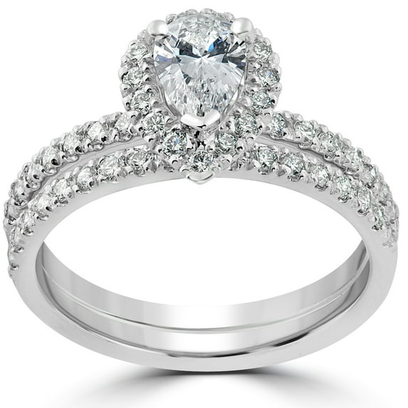 Pompeii F/VS 1.60 Ct Pear Diamond Engagement Ring Set 14k White Gold Halo Lab Grown
