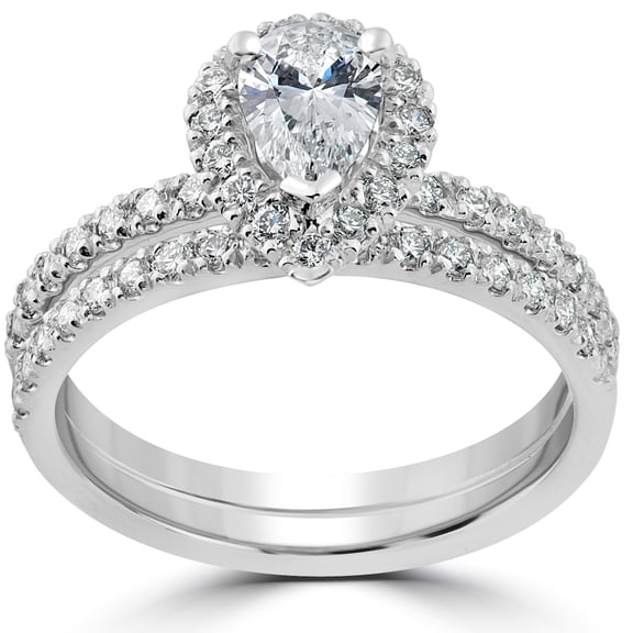 Pompeii F/VS 1.60 Ct Pear Diamond Engagement Ring Set 14k White Gold Halo Lab Grown