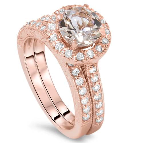 Pompeii 1 7/8CT Vintage Morganite & Diamond Engagement Wedding Ring Set 14K Rose Gold