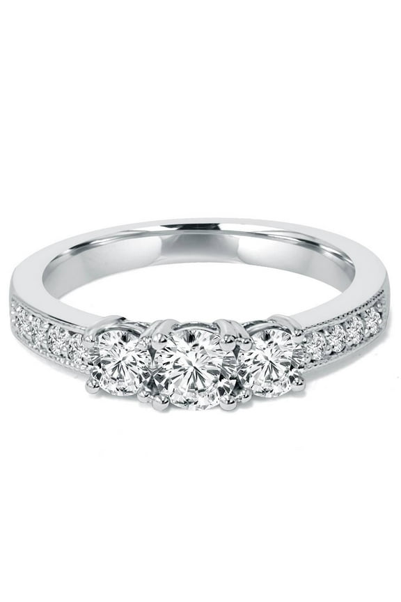 Pompeii 1 CT 3-Stone Diamond Milgrain Accent Engagement Ring 10K White Gold (I/J,I2-I3)