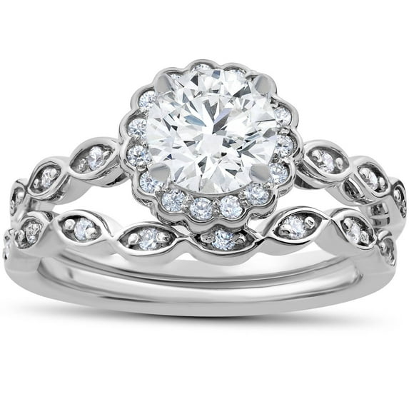 Pompeii 1 Cttw Vintage Halo Diamond Engagement Ring Set 14K White Gold Lab Grown