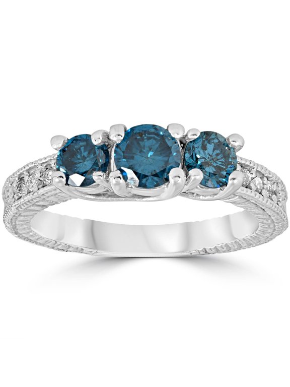Pompeii 1 Carat Treated Blue Diamond Vintage 3 Stone Ring 10K White Gold (J-K,I1-I2)