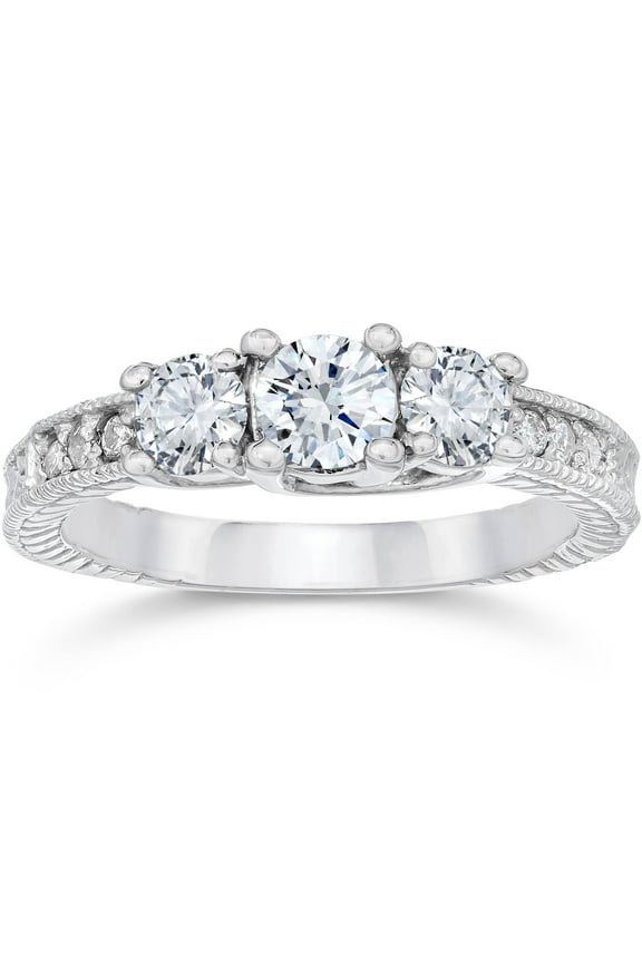 Pompeii 1 Carat Vintage 3-Stone Diamond Engagement Anniversary Ring 10k White Gold