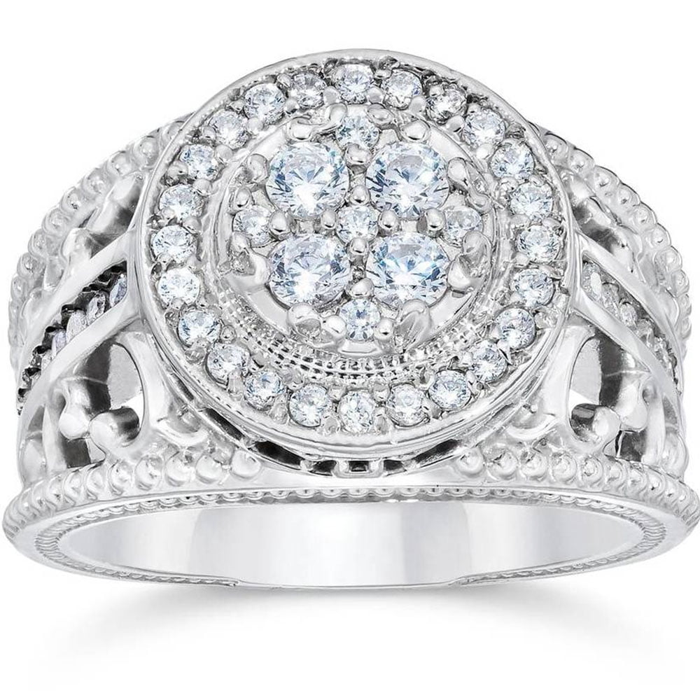 1/2 Carat Diamond Halo Engagement Ring - 10k White Gold Brilliant Cut