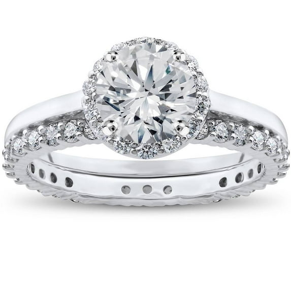 Pompeii 1 ct Diamond Madelyn Halo Engagement Ring Setting & Matching Eternity Ring (F,VS)