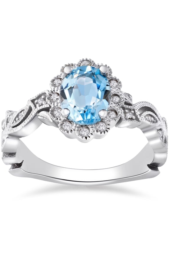 Pompeii 1 ct Oval Blue Topaz & Diamond Vintage Halo Vine Petal Ring 14k White Gold