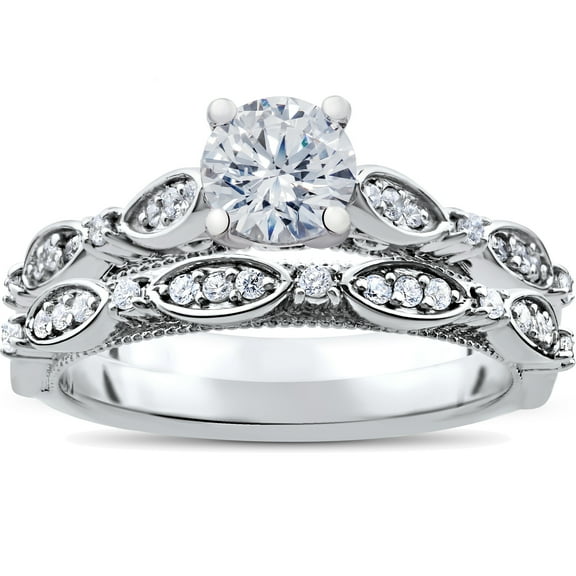 Pompeii 1 ct Vintage Diamond Engagement Ring & Matching Wedding Band Set 14k White Gold