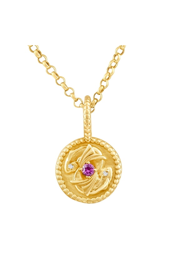 Pompeii 10K Yellow Pink Sapphire & Diamond Pisces Charm Pendant Women's Necklace 19mm