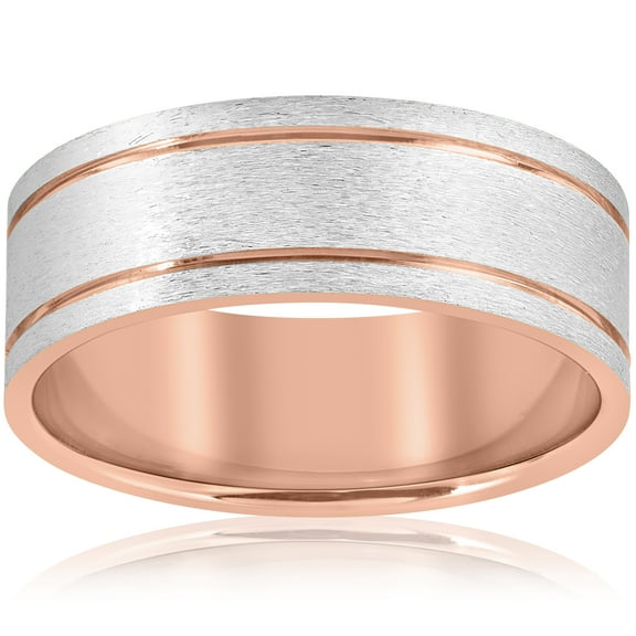 Pompeii 14k Rose Gold 8MM Two Tone Flat Brushed Comfort Fit Mens Wedding Band (,)