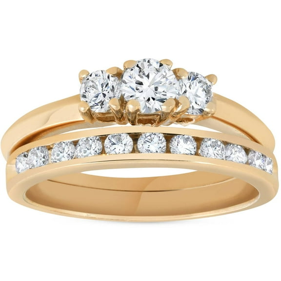 Pompeii 14k Yellow Gold 1ct Diamond Engagement Wedding Ring Set 3Stone Channel Set Round