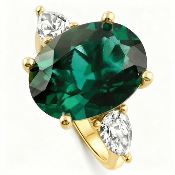 Pompeii 16x12mm Emerald & 1Ct Pear Shape Diamond Ring 14k Gold Lab Grown (F/G,VS1-VS2)