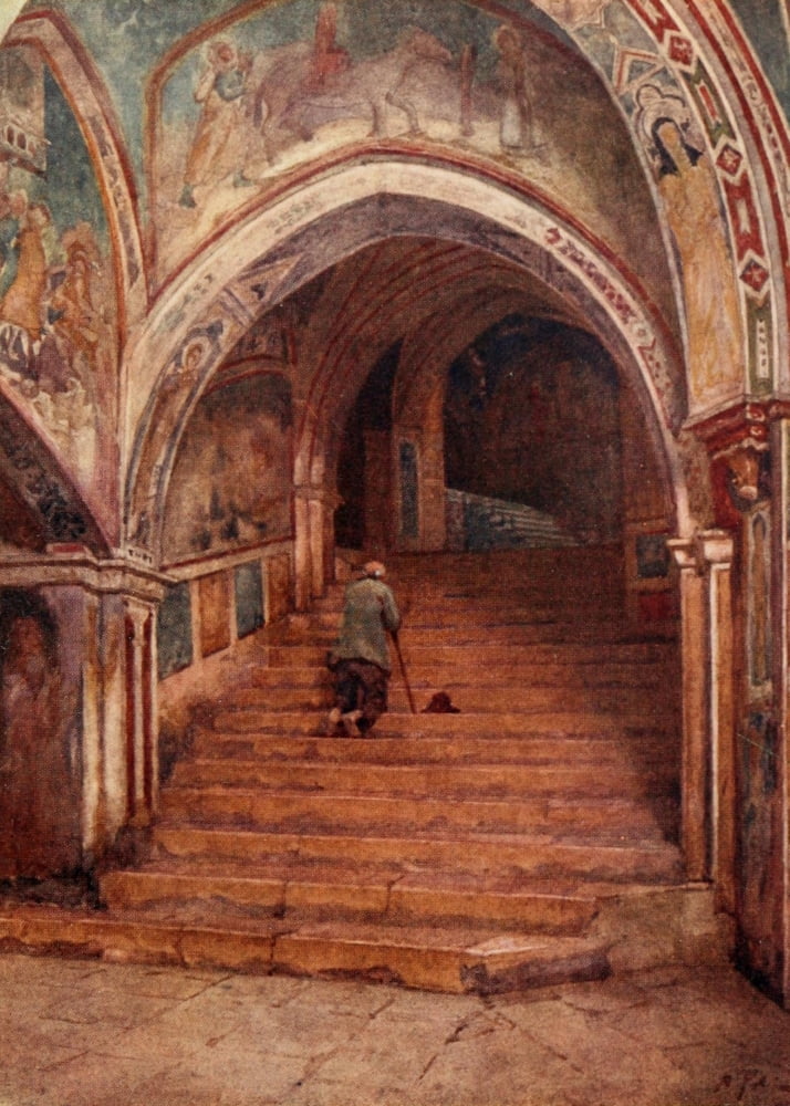 Pompeii 1910 Holy stairs at the Sagro Speco Canvas Art - Alberto Pisa (18 x 24)