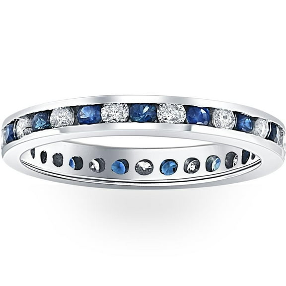 Pompeii 1CT Blue Sapphire & Diamond Channel Set Eternity Wedding Ring 14K White Gold