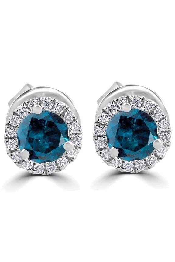 Pompeii 1Ct Blue Diamond Halo Studs 10k White Gold Earrings (Blue,SI)