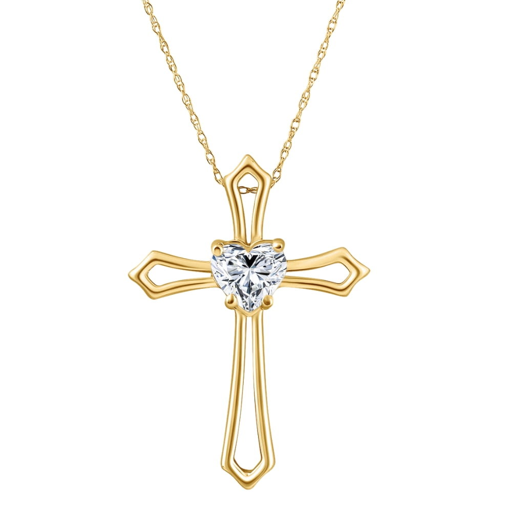 Pompeii 1Ct Cross Solitaire Heart Shape Diamond Necklace Gold Womens ...
