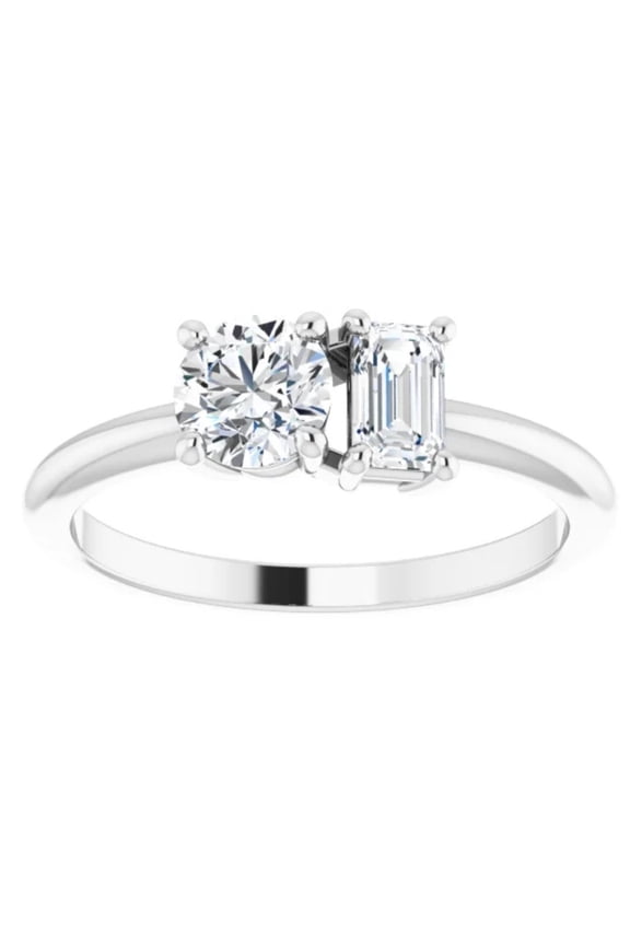 Pompeii 1Ct Two Stone Moissanite Emerald Round Engagement Ring White Yellow or Rose Gold