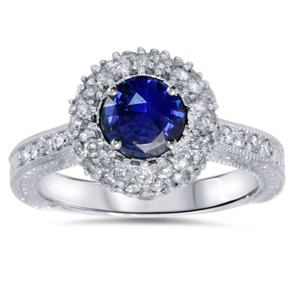 Pompeii 1ct Blue Sapphire Diamond Halo Vintage Engagement Round Cut Ring 14K Gold (G/H,I1)