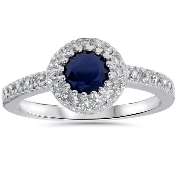 Pompeii 1ct Halo Genuine Blue Sapphire Diamond Engagement Ring 14K White Gold (G/H,I1)