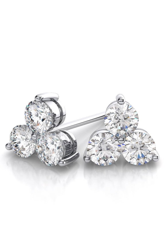 Pompeii 1ct Lab Grown Diamond 3 Stone Studs Womens Earrings 14K White Gold