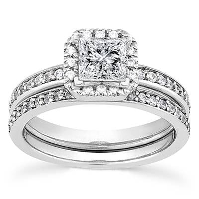 Pompeii 1ct Princess Cut Halo Diamond Engagement Ring Set 14K White Gold (G/H,I1-I2)