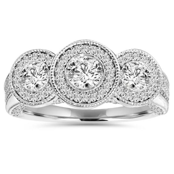 Pompeii 1ct Vintage 3-Stone Halo Diamond Ring 10K White Gold (G/H,SI2-I1)