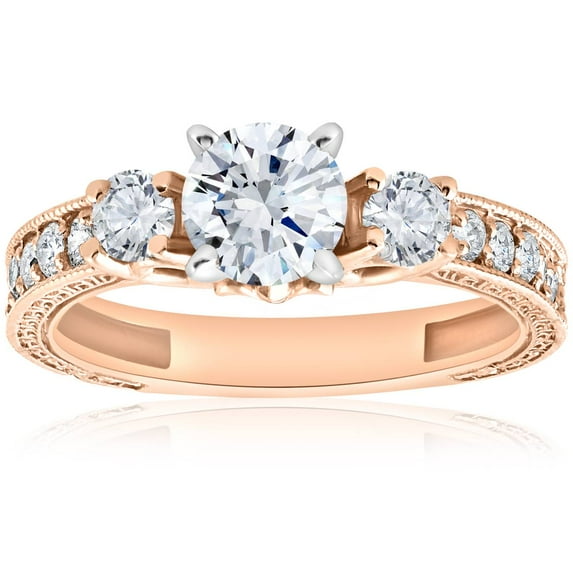 Pompeii 1ct Vintage Diamond 3 stone Engagememt Ring 14K Rose Gold (G/H,I1-I2)