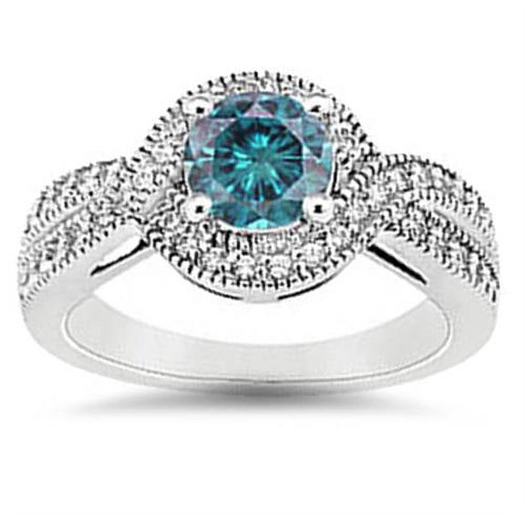 Pompeii 1ct Vintage Halo Treated Blue Diamond Engagement Ring 14K White Gold Round Cut