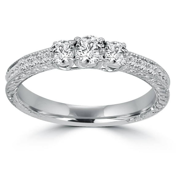 Pompeii 1ct Vintage Three Stone Round Diamond Engagement Ring 14K White Gold (H,I2-I3)