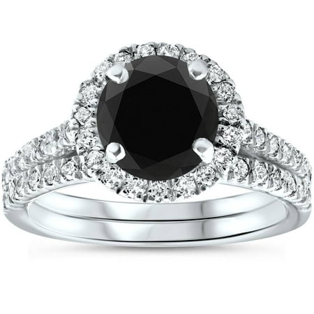 Pompeii 2 1/2 Ct Treated Black Diamond Halo Engagement Wedding Ring Set 14K White Gold