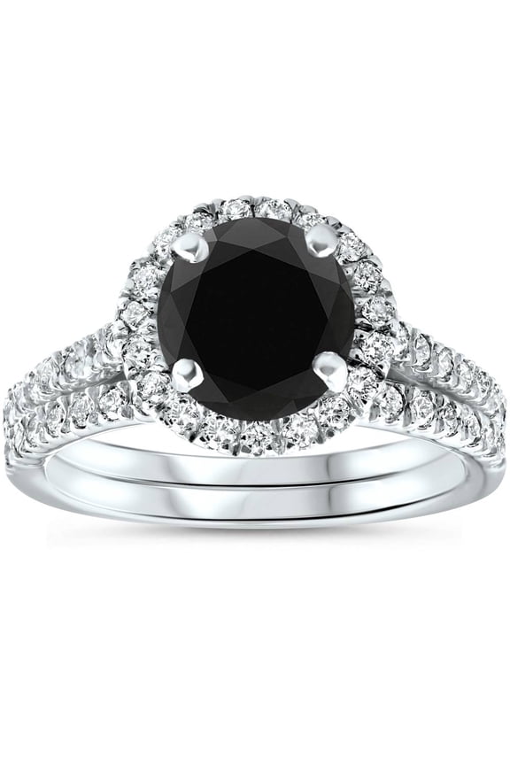 Pompeii 2 1/2 Ct Treated Black Diamond Halo Engagement Wedding Ring Set 14K White Gold