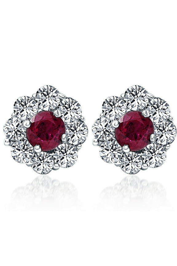 Pompeii 2 1/2ct Genuine Ruby & Diamond Halo Studs Earrings 14K White Gold (G/H,I1)