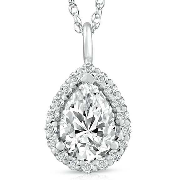 Pompeii 2 1/6 Pear Shape Moissanite & Lab Grown Diamond Halo Pendant 14k Gold Necklace