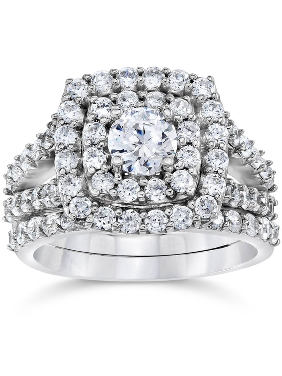 Pompeii 2 cttw Diamond Cushion Double Halo Engagement Wedding Ring Set 10k White Gold