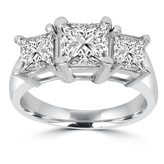 Pompeii 2ct 3 Stone Princess Cut Real Diamond Engagement Ring 14K White Gold (H/I,SI2)