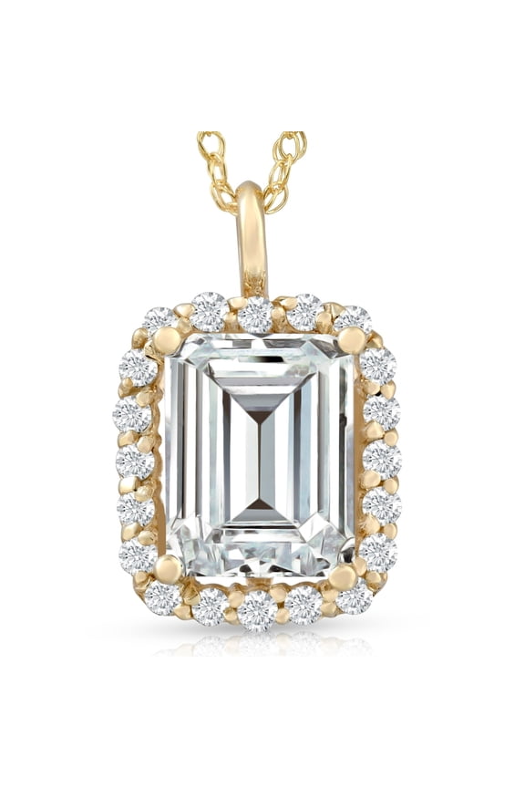 Pompeii 3 1/2 Ct Emerald Moissanite & Lab Grown Diamond Halo Pendant 14k Gold Necklace